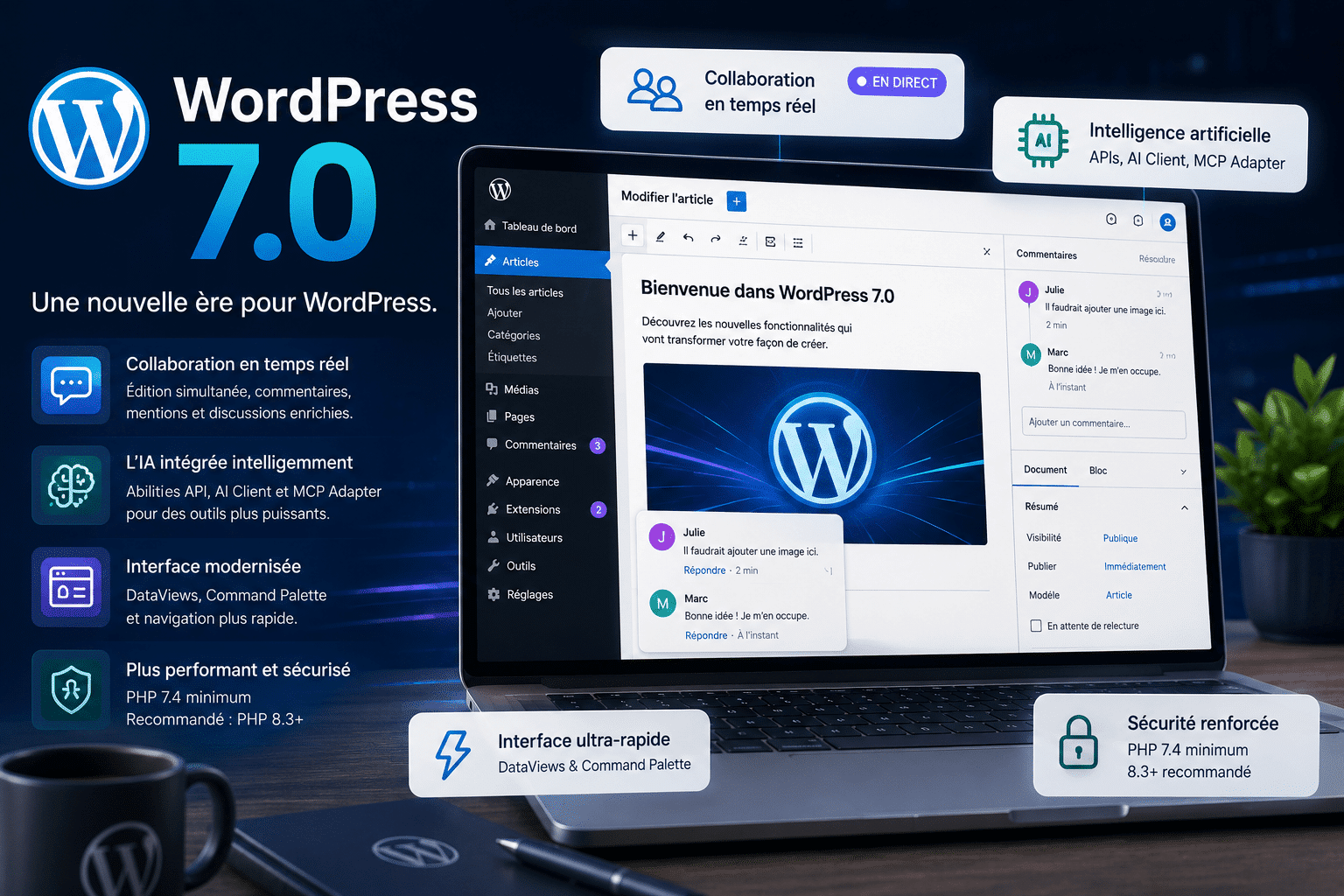WordPress 7.0 - nouvelles fonctionnalités et interface modernisée